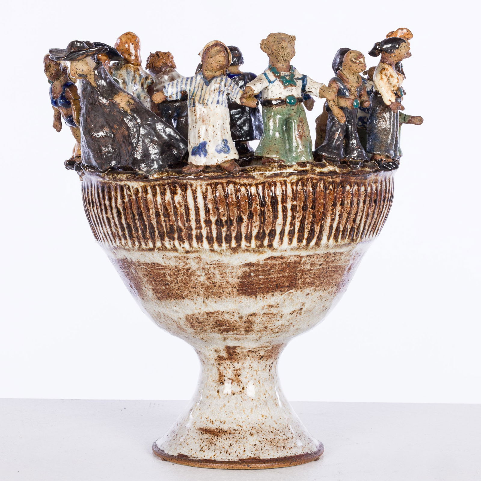 Unsigned Ceramic Folk Art Bowl with Figures (1 of 13)