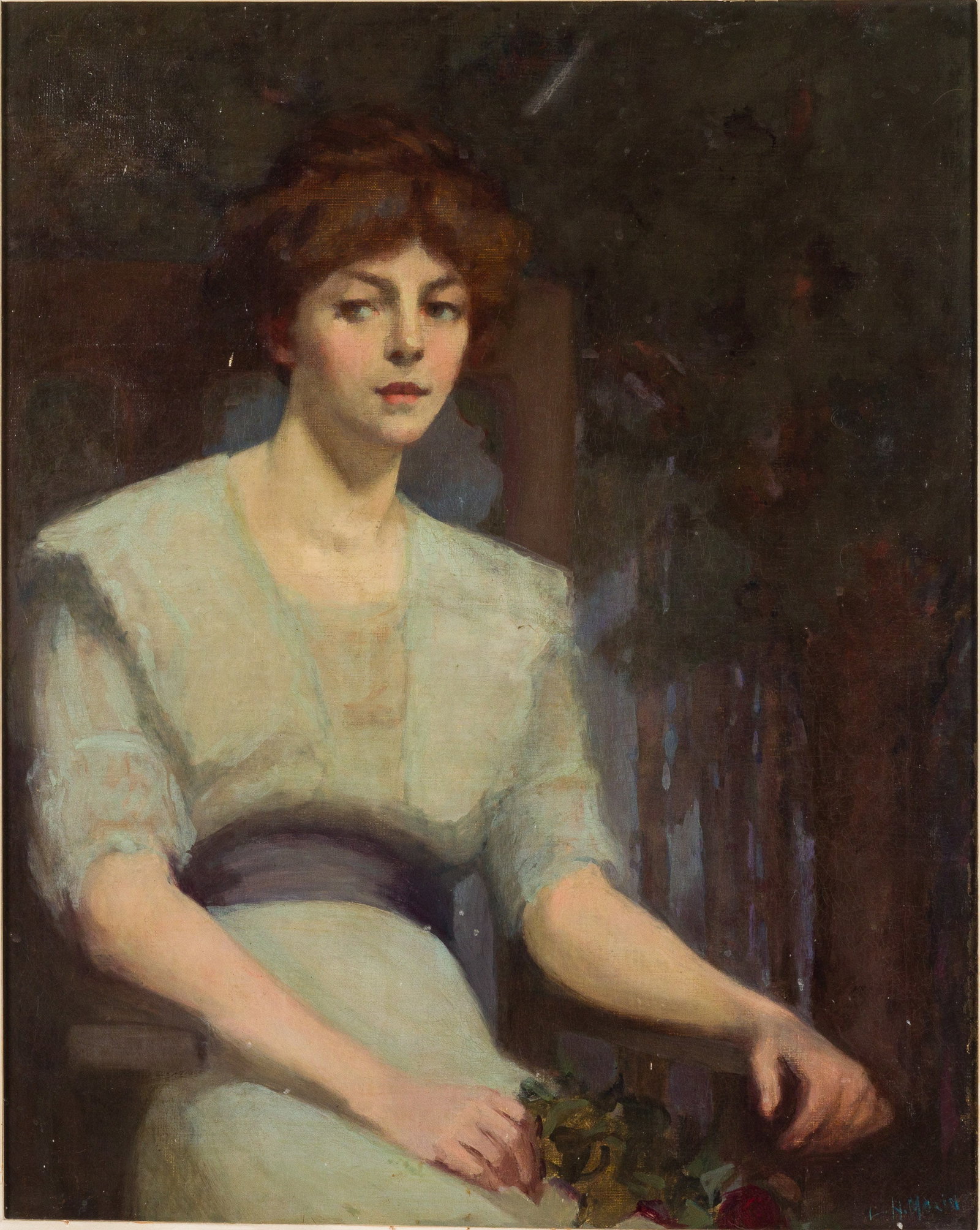 Inital Signed, Portrait of a Woman in White, O/B (1 of 11)