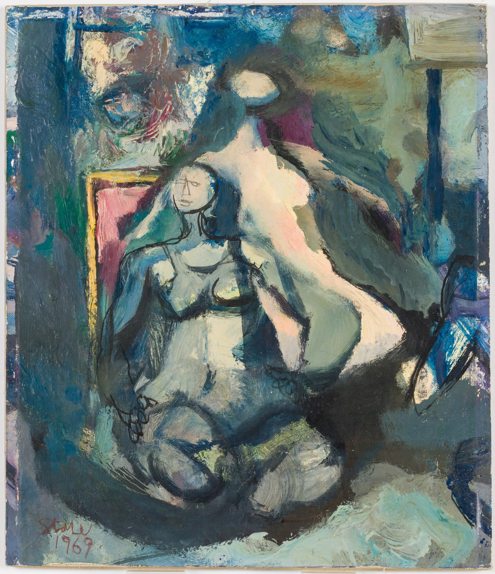 Ben Stahl (American, 1910-1987), Sisters, 1969, O/B: Property of Louanne Laroche, Laroche Collection, South Carolina Description: Ben Stahl (American, 1910-1987), Sisters, 1969, Oil on Illustration Board, signed and dated lower left, inscribed on ve