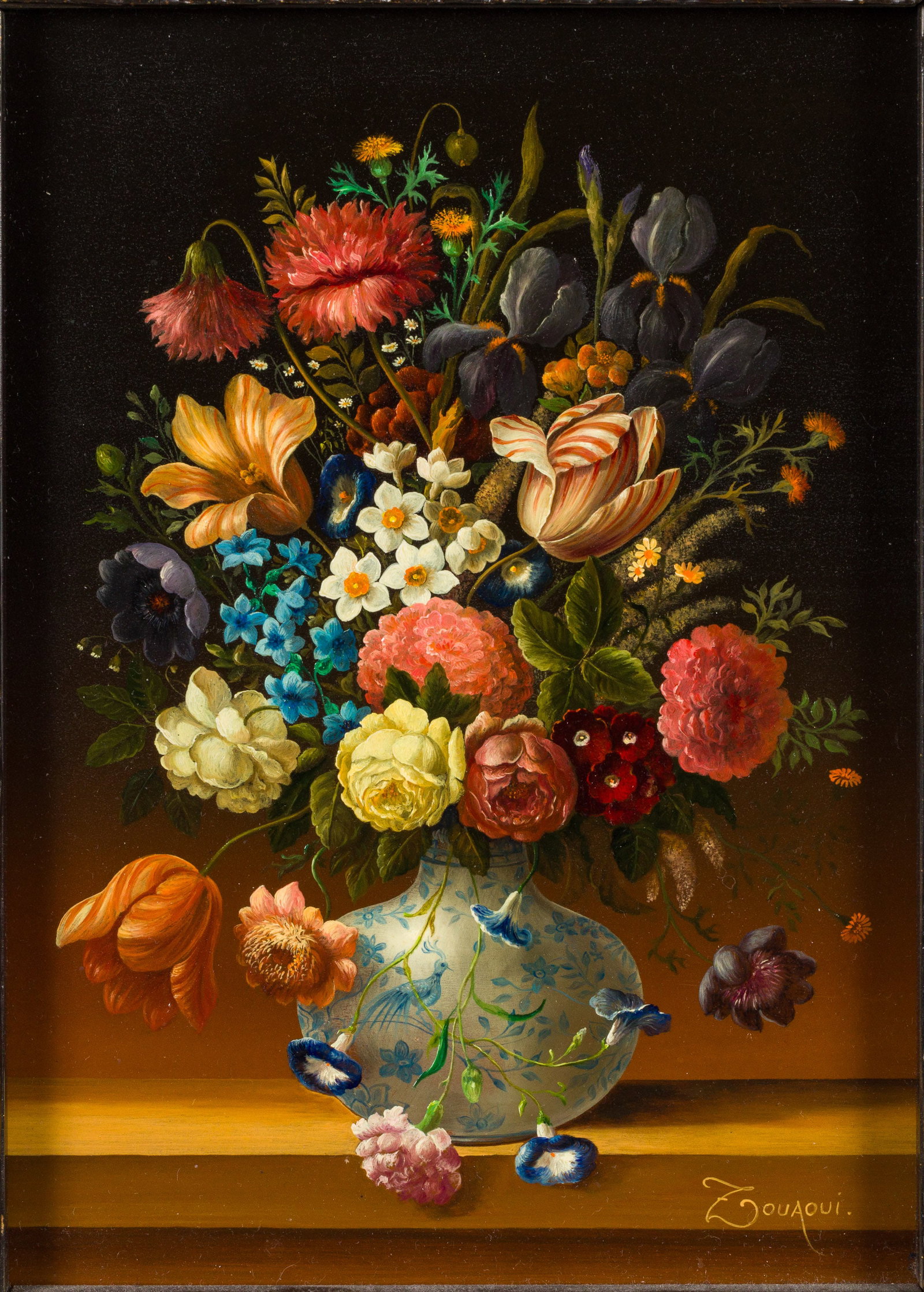 Zouauoi (Belgian, 20th C), Floral Still Life, O/B: Description: Zouauoi (Belgian, 20th C), Floral Still Life, Oil on Wood Board, signed lower right, a still life of flowers in a vase, note taped to verso with artist's information, in a wood frame