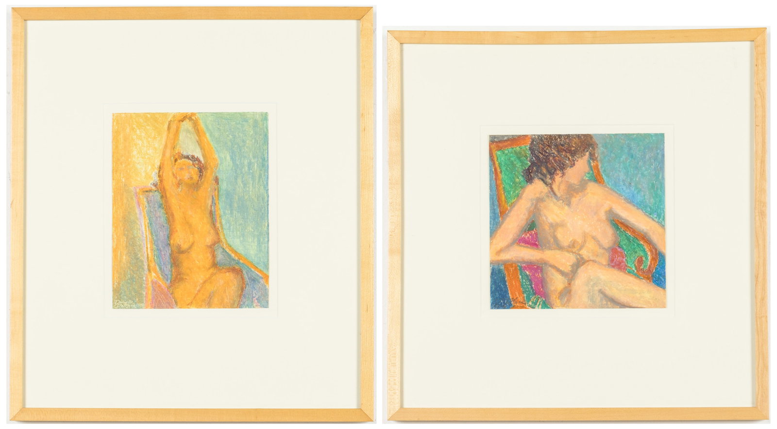Danielle De Mers (1944-2013), Two Nude Studies, Oil Pastel, 1994: Property of Louanne Laroche, Laroche Collection, South Carolina Description: Danielle De Mers (NY/SC, 1944-2013), Two Nude Studies, Oil Pastel, 1994, two studies of nude women seated in armchairs,