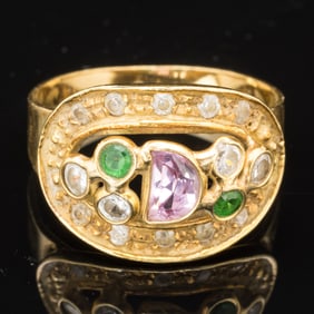 14K Gold, Diamond, Emerald and Pink Ruby Ring