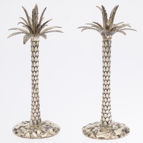 Pair Tiffany Sterling Silver Palm Tree Candlesticks
