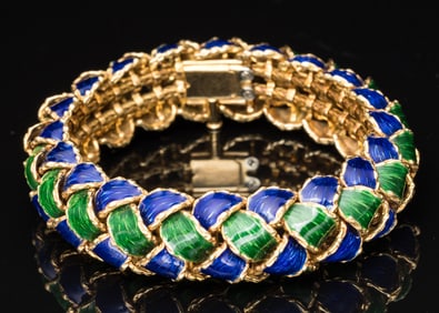 18K Gold and Blue and Green Enamel Bracelet