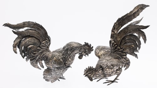 Pair of Continental Silver Fighting Cocks