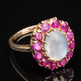 14K Gold Moonstone and Ruby Ring