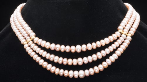 3 Strand Pink Cultured Pearl Necklace