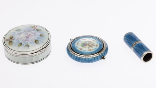 Two Sterling and Enamel Compacts and a Lipstick