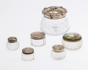 5 Glass and Sterling Silver Jars & Another Jar
