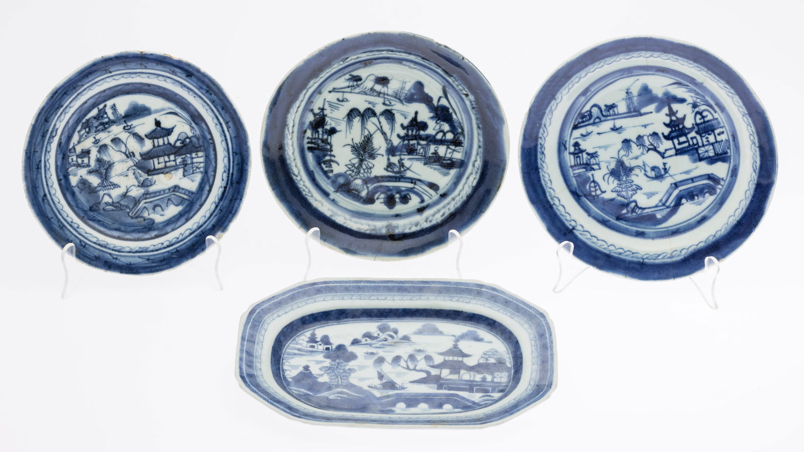 3 Chinese B/W Canton Bowls &  Platter, 18th C (1 of 9)