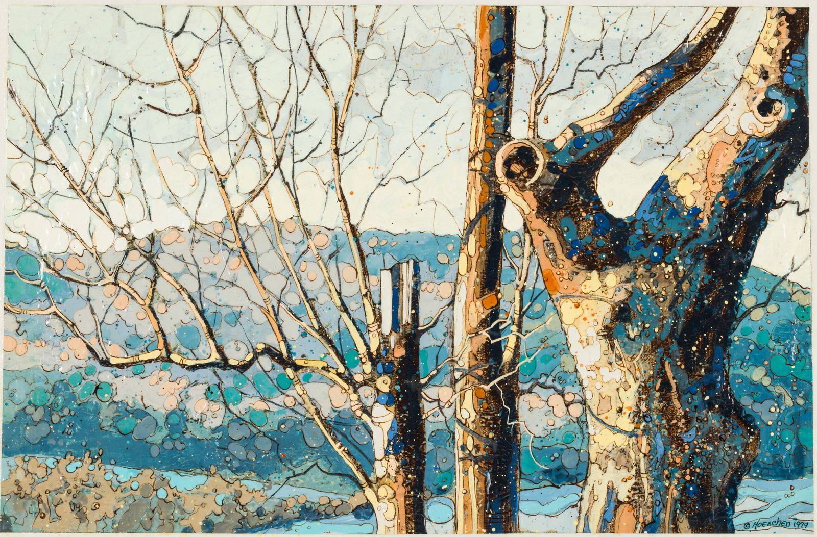 Dorothy Hoeschen (GA), Trees on the Hudson, O/C: Property from a Private Collection, Saint Simons Island, GA Description: Dorothy Hoeschen (GA, 20th/21st C), Trees on the Hudson, 1979, Oil Canvas, signed and dated lower right, signed and titled