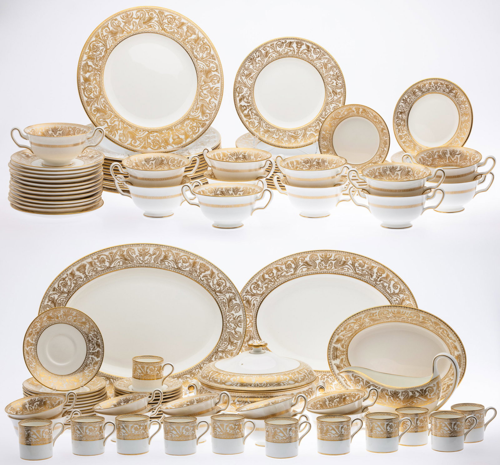 Wedgwood Gold Florentine Bone China, 124 pcs: Property from the Estate of Lorlee and Arnold Tenenbaum Description: Wedgwood Gold Florentine Bone China, 124 pcs, comprising 13 dinner plates, 10 3/4 in., 13 salad plates, 8 in., 13 bread plates,