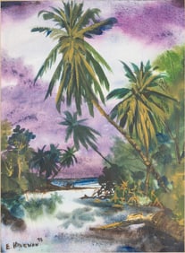 Edwin Hingwan (Trinidad, 20th), Palm Trees, Watercolor, 1974