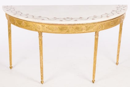 George III Marble Top Giltwood Demilune Table, 18th century