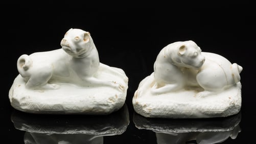 Pair of English Bow Porcelain Pug Dogs, 18th Century
