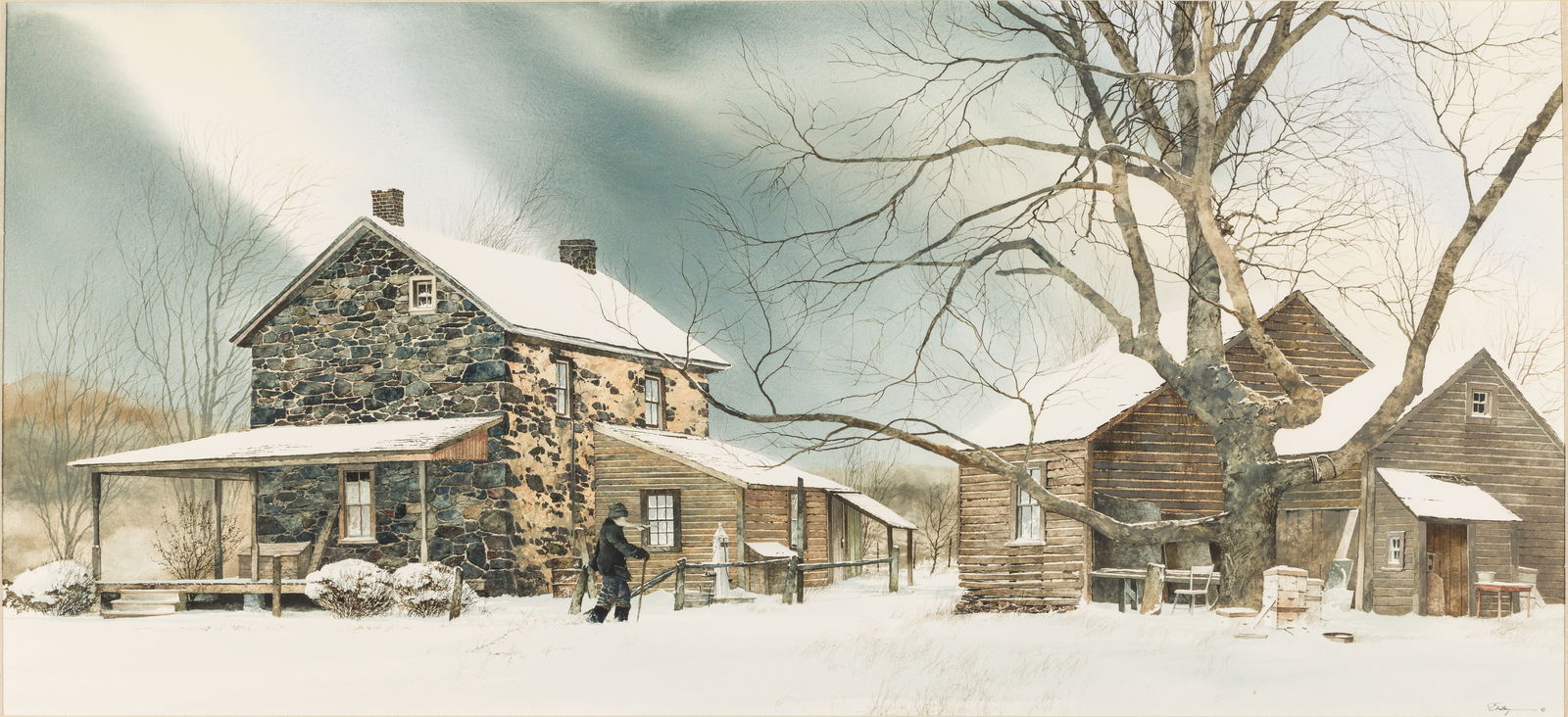 Peter Sculthorpe (Canada/PA, b. 1948) Winter in the Country, W/C: Property of a Hilton Head Island, SC Estate Description: Peter Sculthorpe (Canada/PA, b. 1948), Winter in the Country, Watercolor, signed lower right, depicting a cottage and barn blanketed in sno