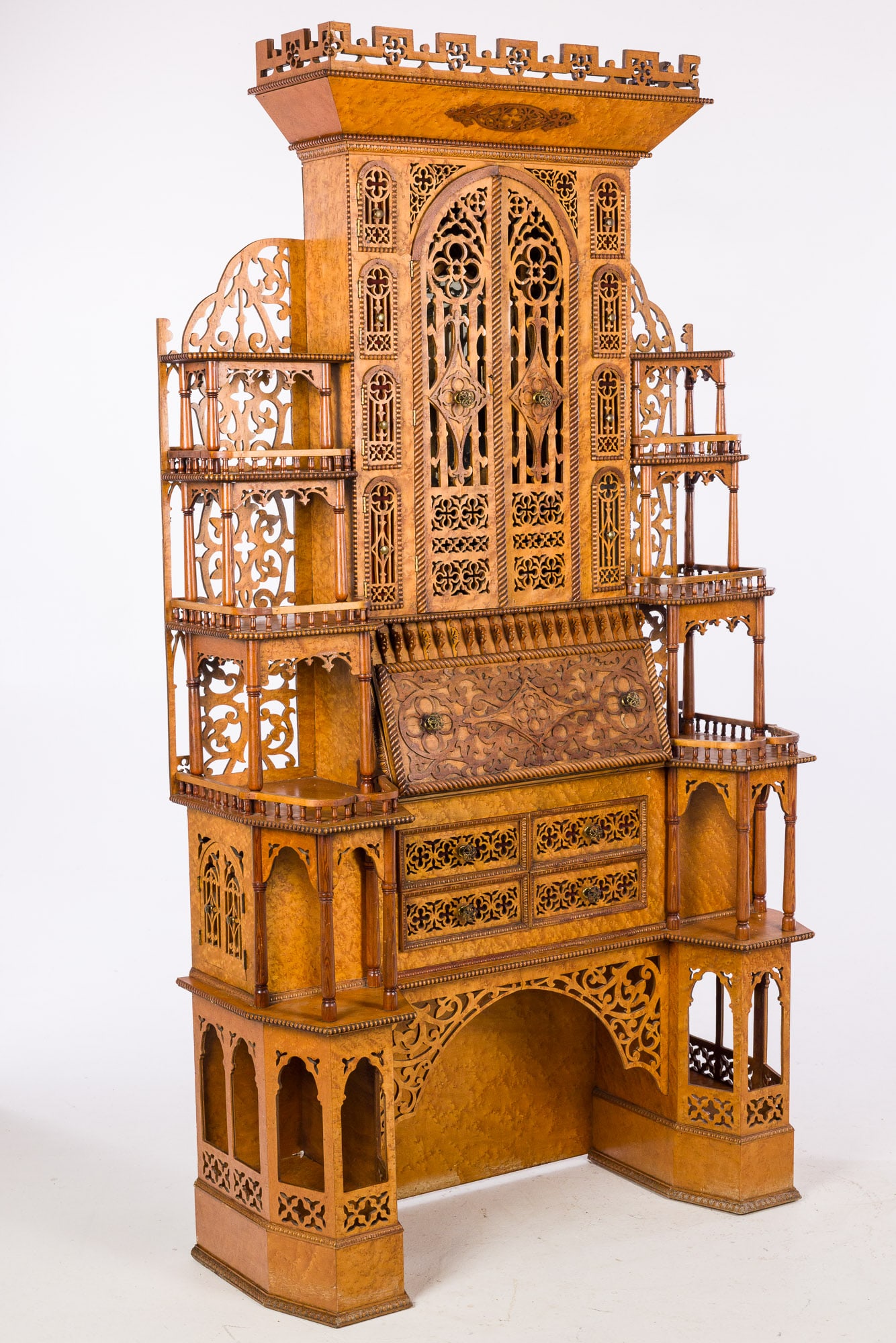 Unusual Gothic Style Bird's Eye Maple Secretary (1 of 20)