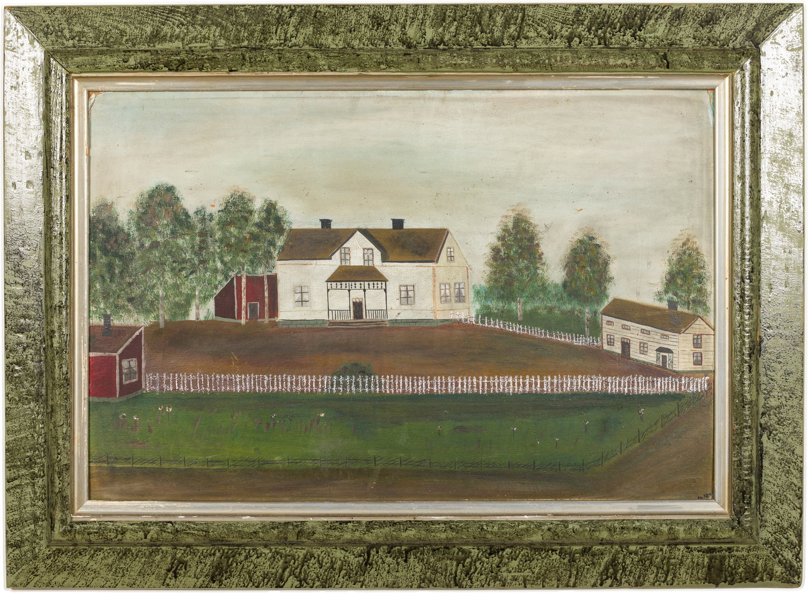 Folk Art Painting of a House, Late 19th/Early 20th C: Property from a Private Collection, Bridgehampton, NY Description: Folk Art Painting of a House, Late 19th/Early 20th C, illegibly signed lower right, depicting a white house and barn with white p