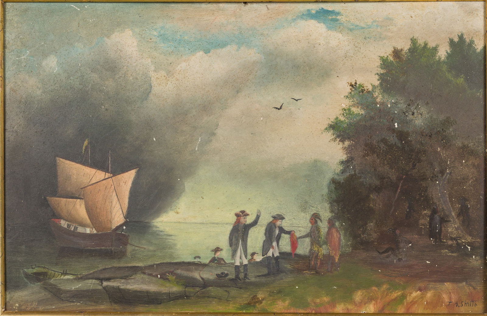 Folk Art Painting of Soldiers and Native Americans, O/B, 19th C (1 of 12)