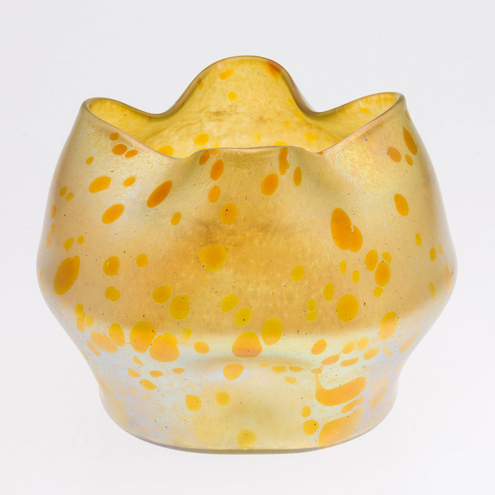 Large Loetz Astraea Art Glass Vase, Unmarked: Description: Large Loetz Astraea Art Glass Vase, Unmarked, iridescent yellow tone glass vase with pinched edge, unmarked. Measurements: Height: 7 in. x Width: 8 1/2 in.