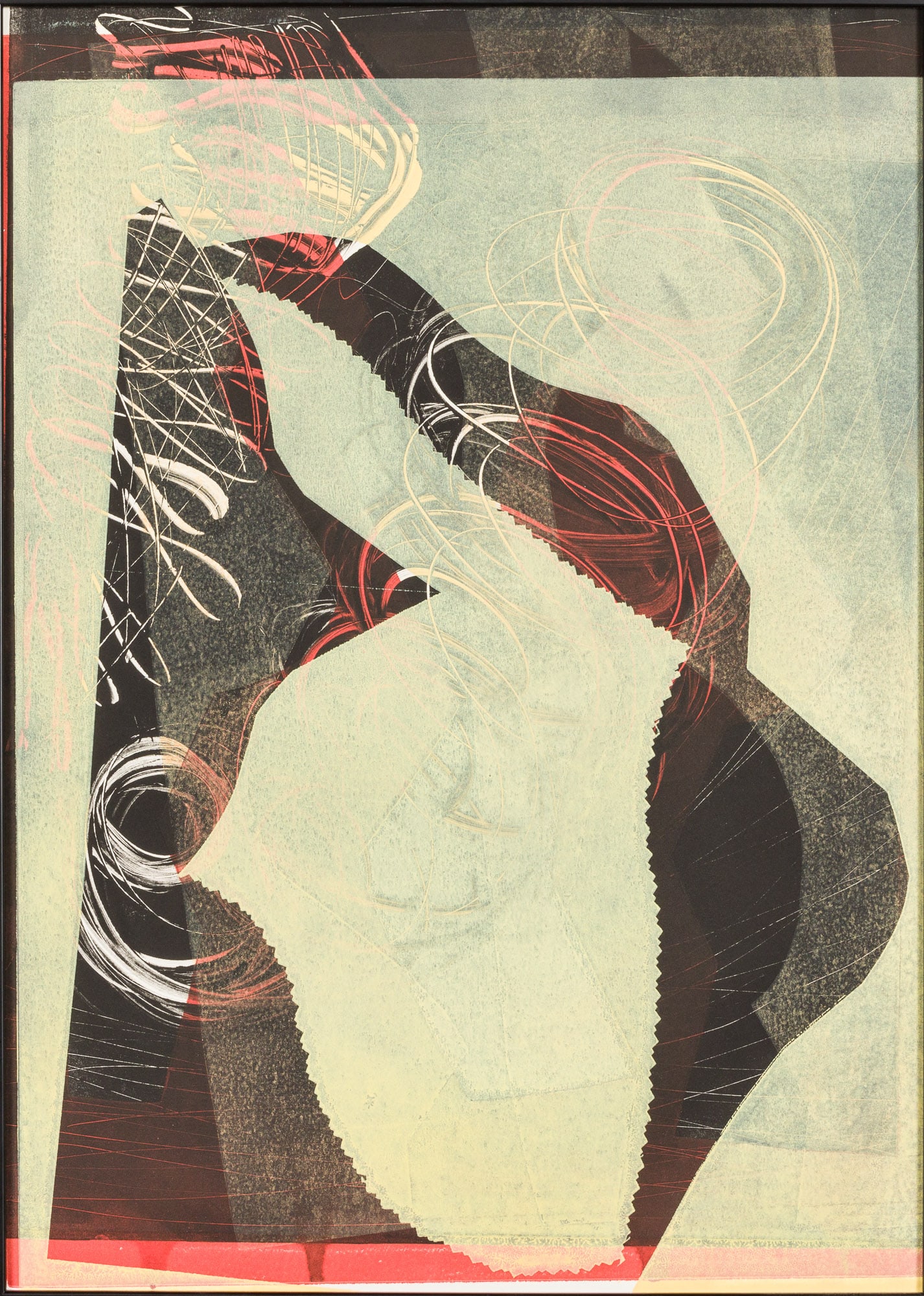 Naomi M. Cohan (Cape Cod, 1935-2020), Spring Trio II, Monotype: Property of Private Collection, SC Description: Naomi M. Cohan (Cape Cod, 1935-2020), Spring Trio II, Abstract Monotype, signed and titled verso, abstract in tones of red, black and celadon. Fram