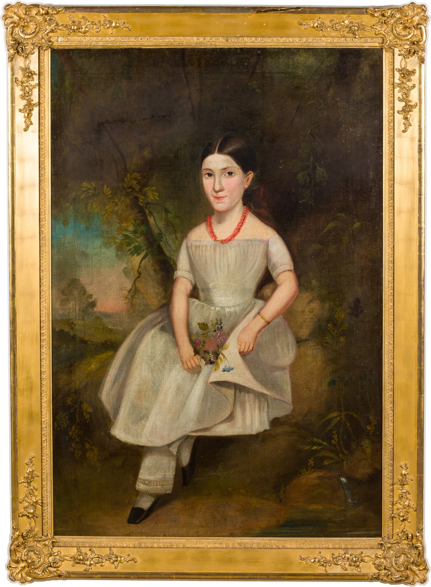 American School, Portrait of a Girl, Oil on Canvas: Property of a Private Collector, Savannah, GA Description: American School, Portrait of a Girl, Oil on Canvas, unsigned, the seated girl with coral necklace and holding a bouquet, in a landscape,