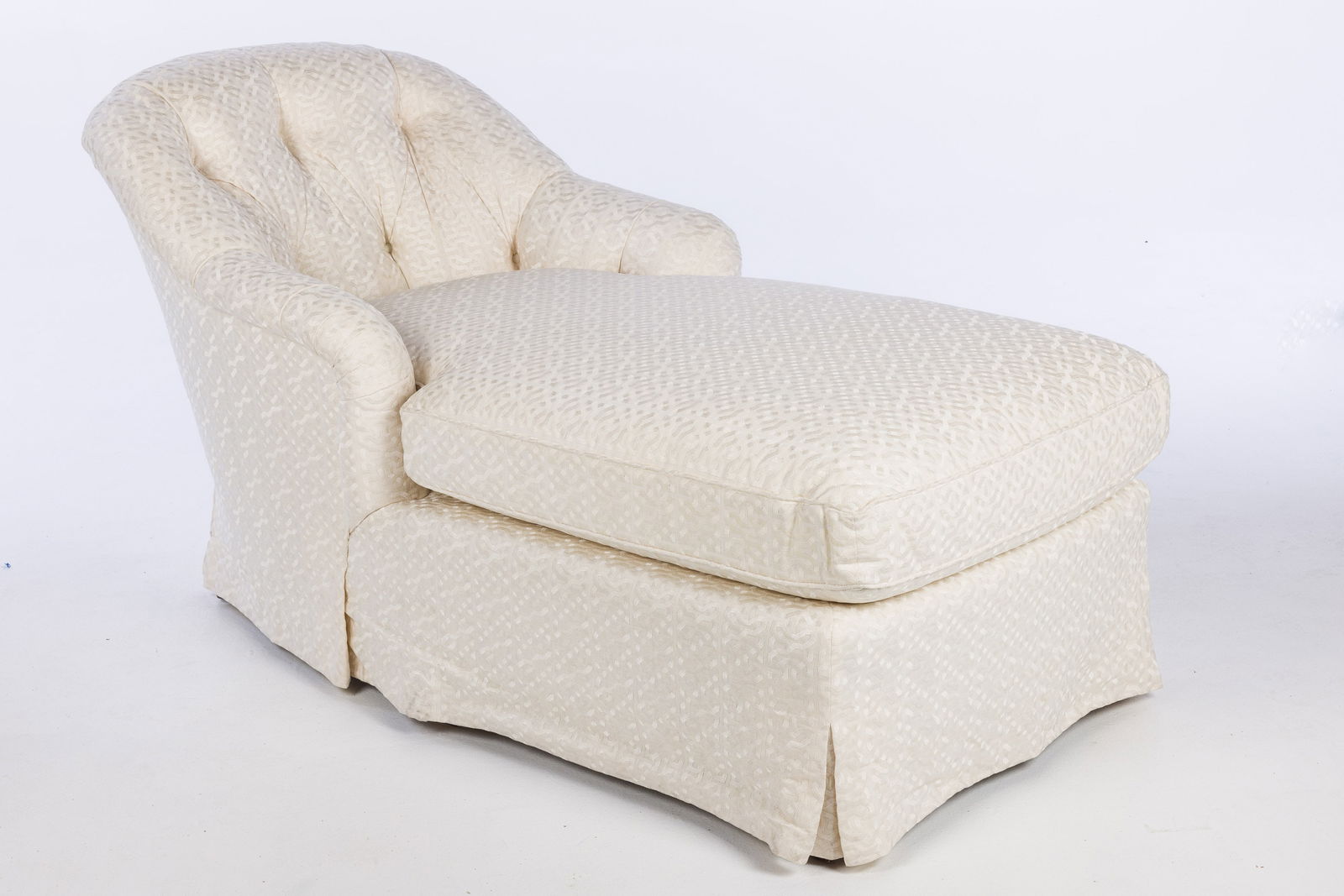 Contemporary Upholstered Chaise Longue: Property from a Private Collector, New York City Description: Contemporary Upholstered Chaise Longue, with button tufted back. Measurements: Height: 34 in. x Width: 64 in. x Dep