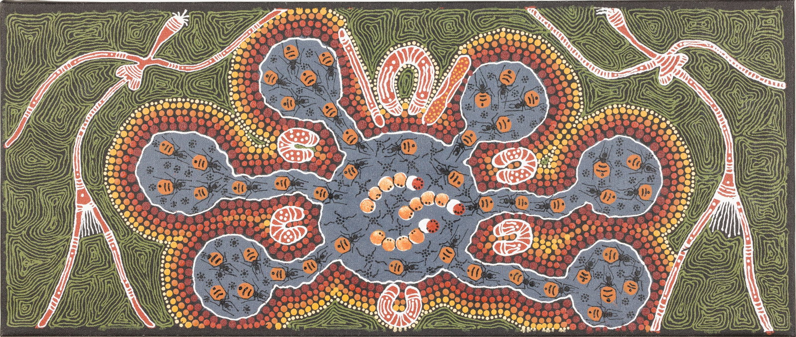 Maria Ellis (Australia, 20th C) Honey Aunt & Witchetty Grub, Oil: Property of a Hilton Head Island, SC Estate Description: Maria Elena Ellis (Amoonguna Tribe, Alice Springs, Australia), Story of Honey Aunt and Witchetty Grub, Oil on Canvas, 2006, verso with arti