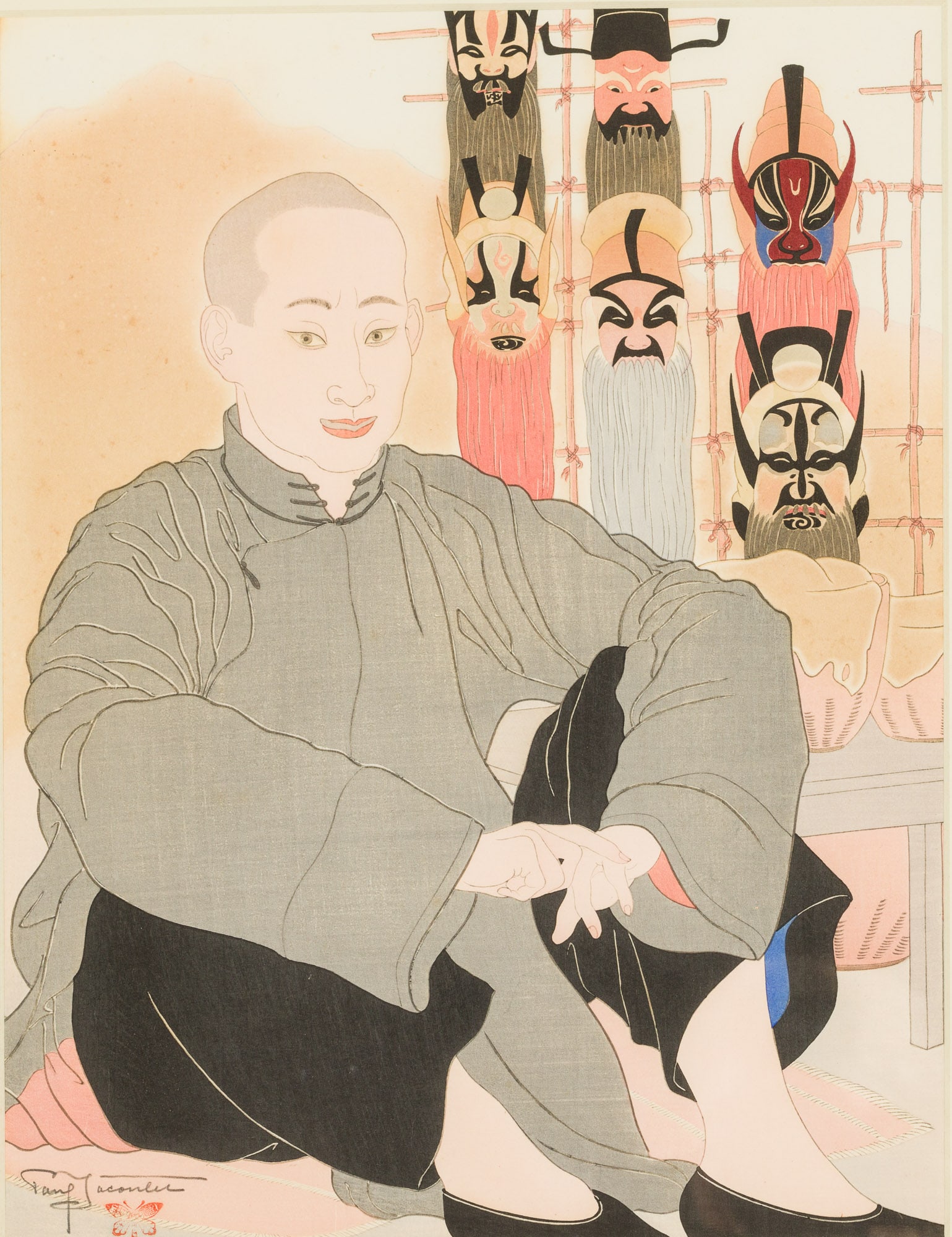 Paul Jacoulet (French, 1902-1960) Ven Deur De Masques, Woodblock (1 of 10)