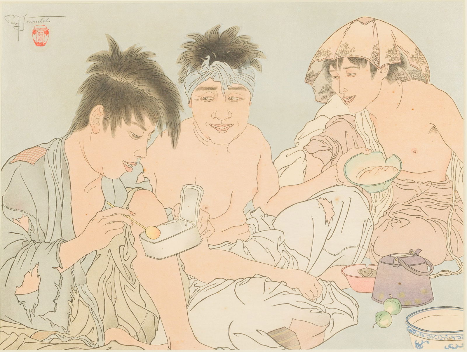 Paul Jacoulet (1902-1960), Les Repas Des Mendiants, Woodblock: Description: Paul Jacoulet (French, 1902-1960), Les Repas Des Mendiants, Woodblock, pencil signed and with chop mark upper left, depicting beggars eating, matted and framed. Frame size: 17 in. x