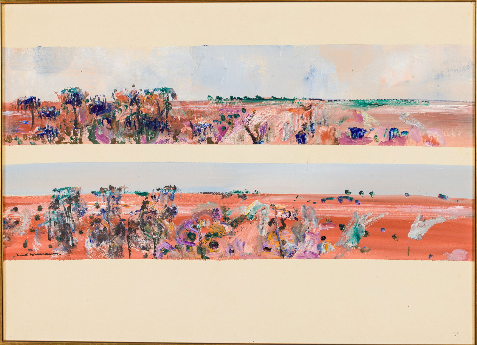Fred Williams (Australian, 1927-1982), Loxton Landscape, Gouache: Property of Margaret McCardell Description: Fred Williams (Australian, 1927-1982), Loxton Landscape, Gouache on Paper, signed lower left, the paper with embossed mark lower right 'eritagoe paper'.