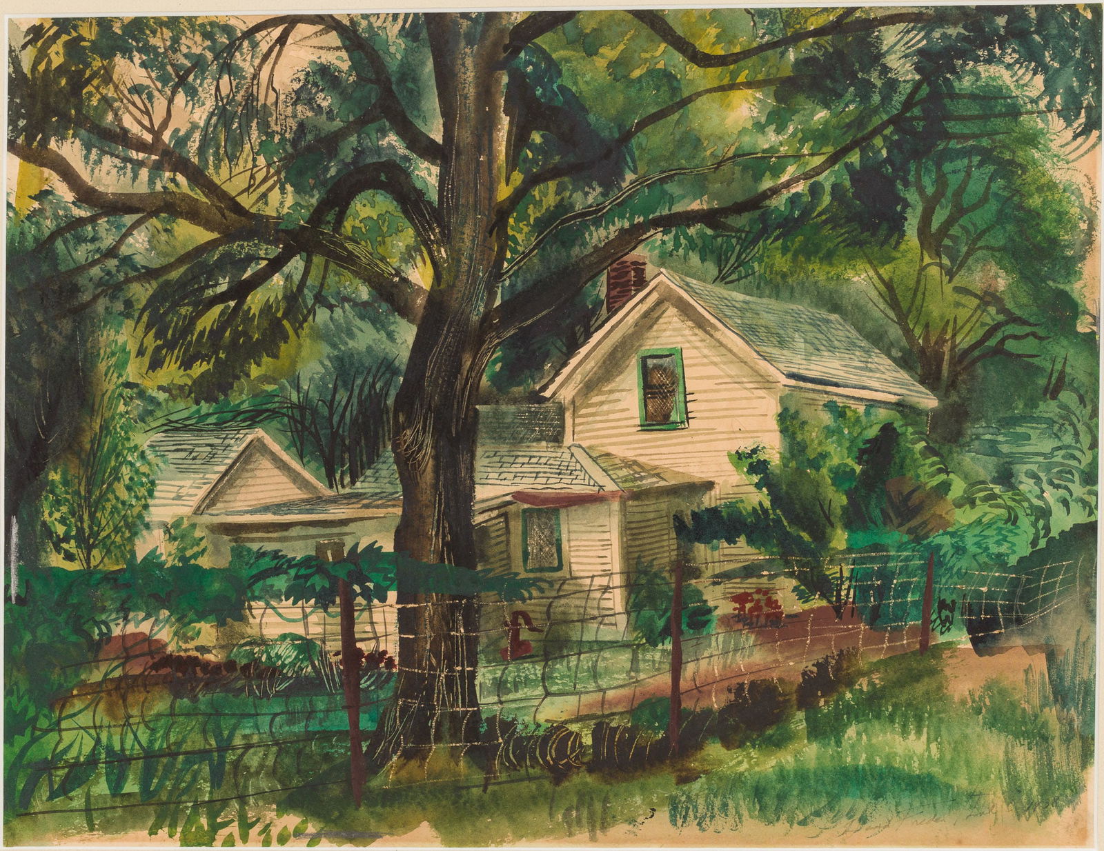 David Fredenthal (CA/NY/MI, 1914-1958) Franklin Village, W/C: Description: David Fredenthal (CA/NY/MI/Italy, 1914-1958), Franklin Village, Watercolor, signed and dated 1938 lower right, depicting a house with fence in the foreground, in a giltwood frame. F
