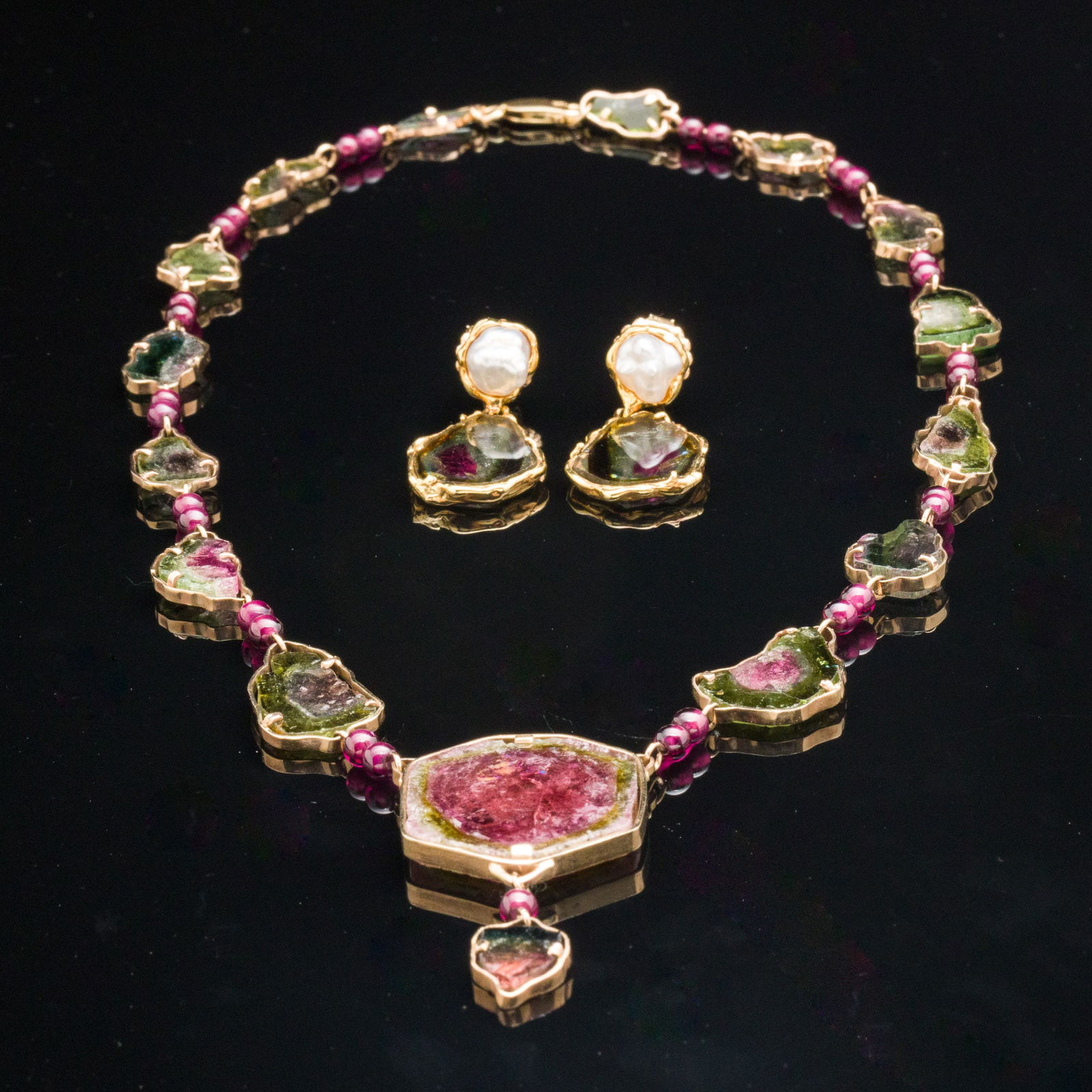 Watermelon Tourmaline and Gold Necklace and Earrings (1 of 9)