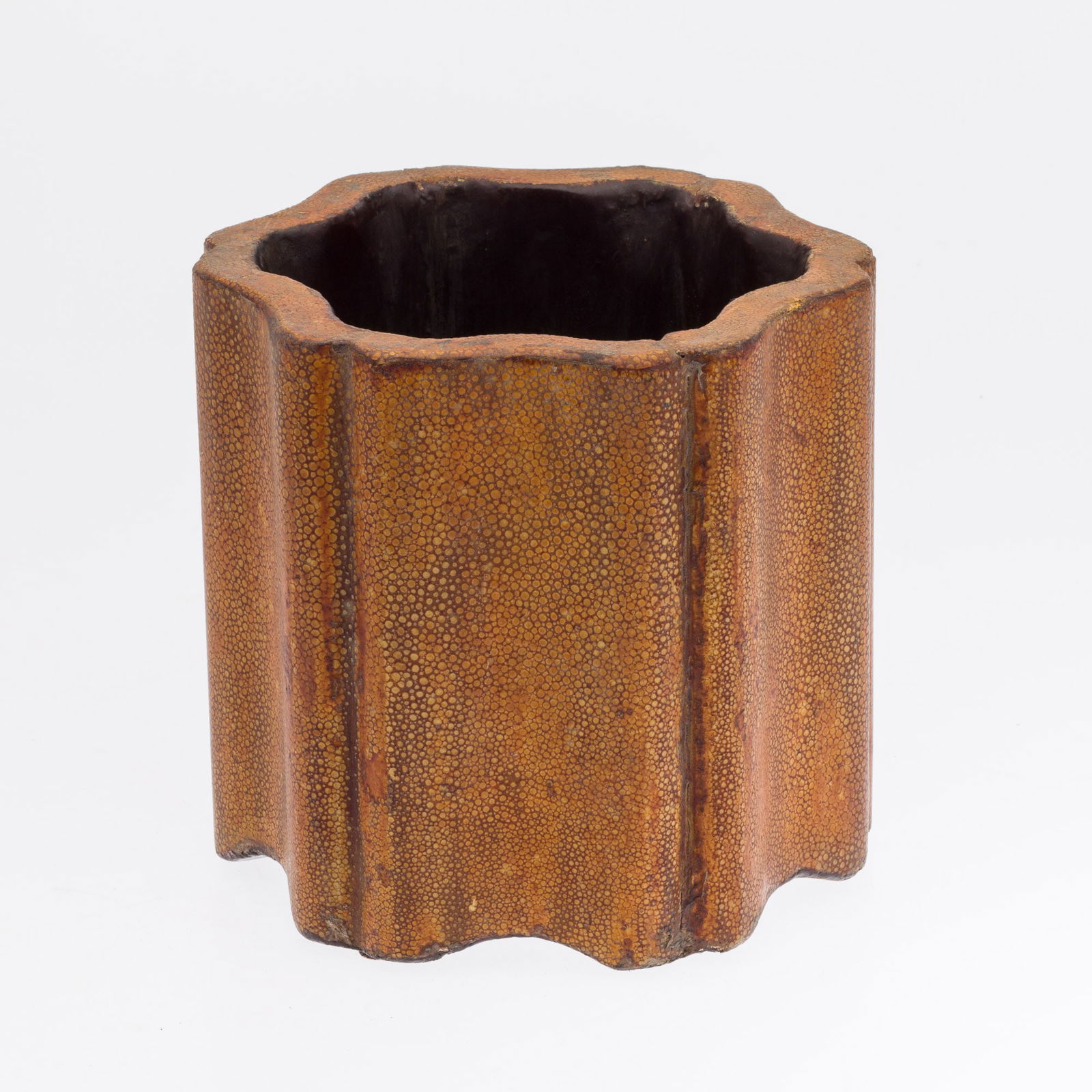 Chinese Shagreen Brushpot, 19th Century: Description: Chinese Shagreen Brushpot, 19th Century, with shaped edges, brown painted interior. Measurements: Height: 6 3/8 in. x Width: 6 1/2 in.