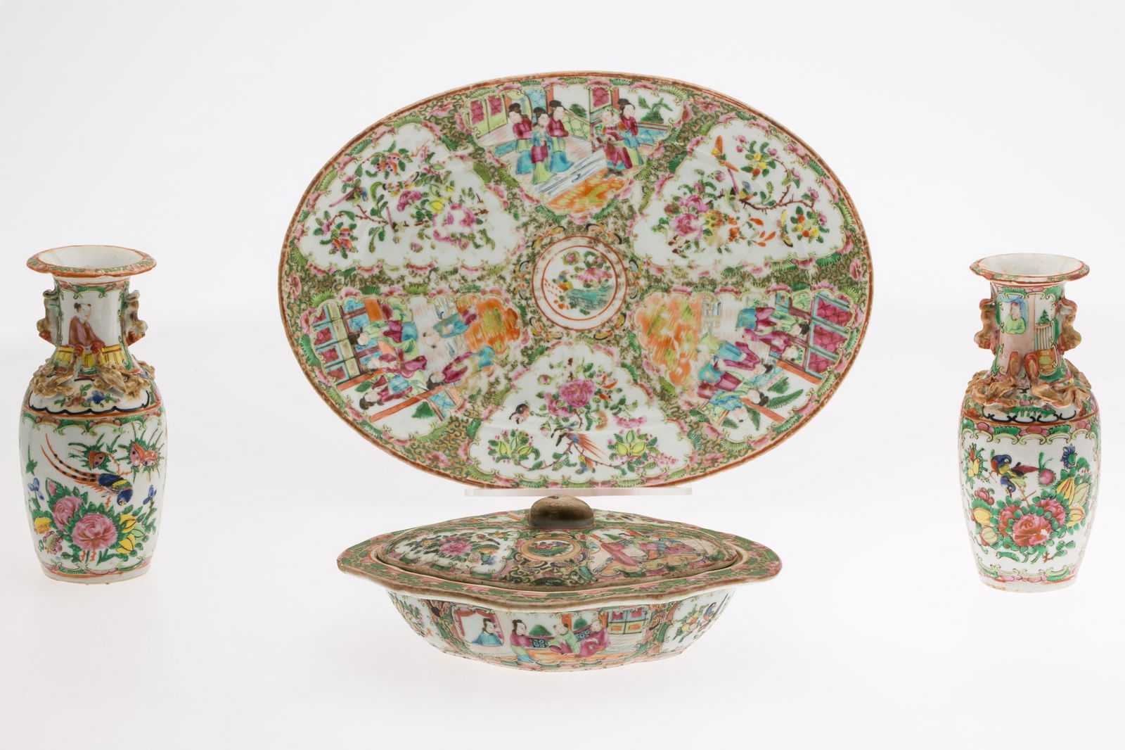 Chinese Famille Rose Platter, Pr Vases &  Covered Vegetable Dish (1 of 20)