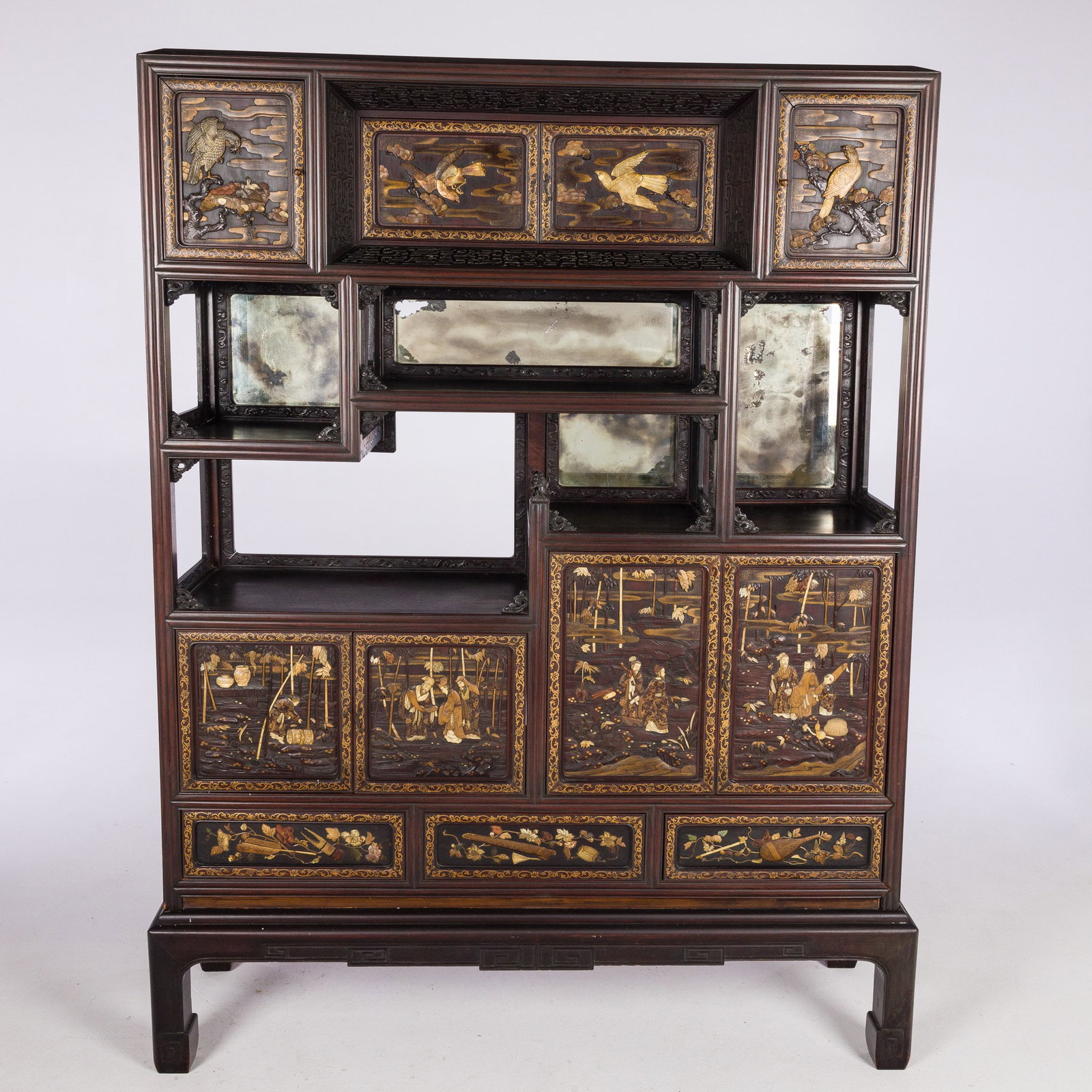 Japanese Lacquer, Bone & MOP Display Cabinet: Property from a Private Collection, Saint Simons Island, GA Description: Japanese Lacquer, Bone and Mother of Pearl Display Cabinet, 19th C, with an arrangement of cabinet doors and shelves backed