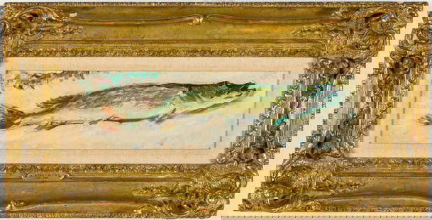 Purchased as Alfred Sisley (French, 1839-1899), Fish, O/C: Property from the Ira and Nancy Koger Estate Description: Purchased as Alfred Sisley (French, 1839-1899), Fish, Oil on Canvas, unsigned, in a giltwood frame, verso with labels from Christies and B