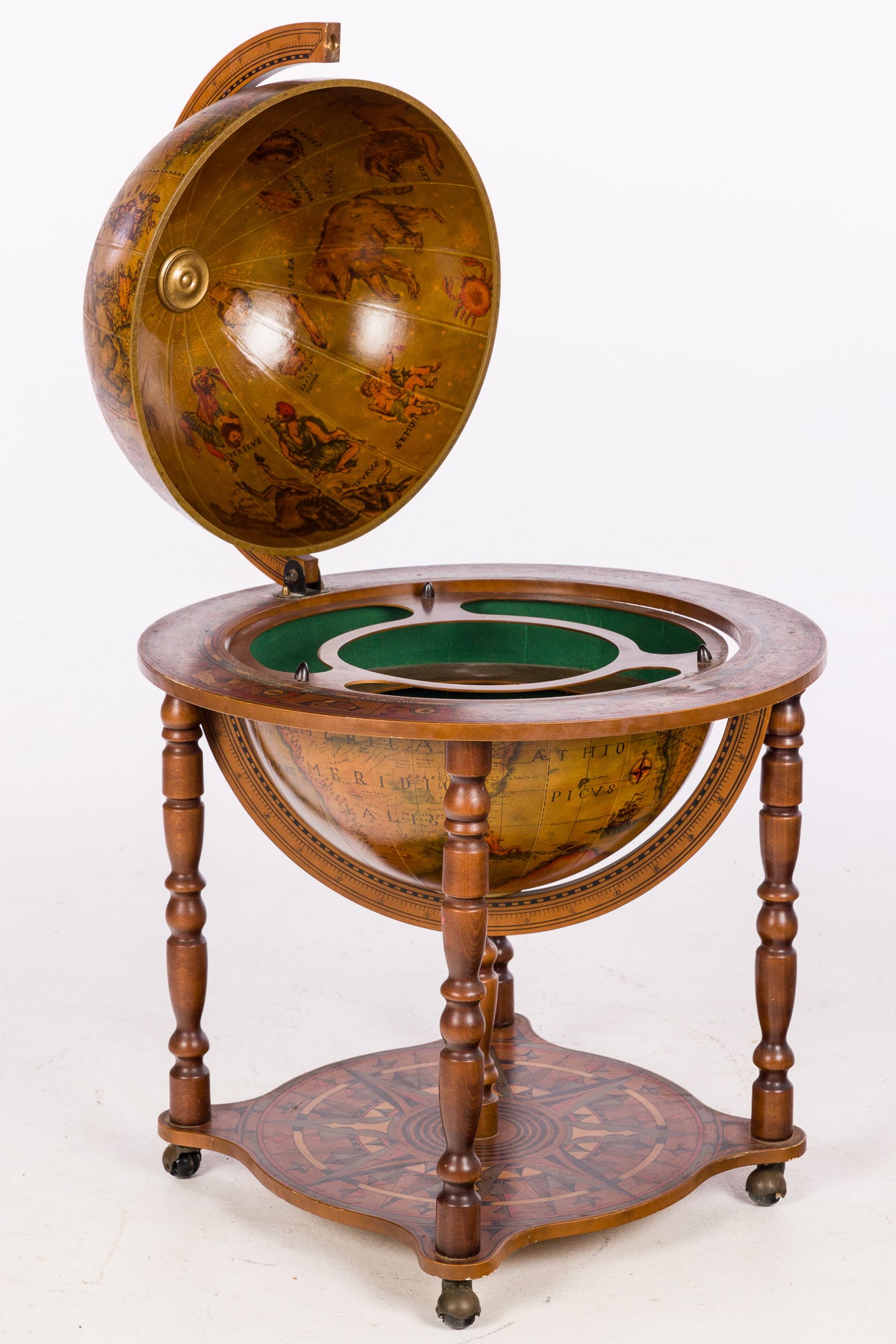 Vintage Globe-Form Bar Cart: Description: Vintage Globe-Form Bar Cart, the hinged lid opening to a fitted interior and displaying the zodiac constellations on the underside, on turned legs and casters. Measurements