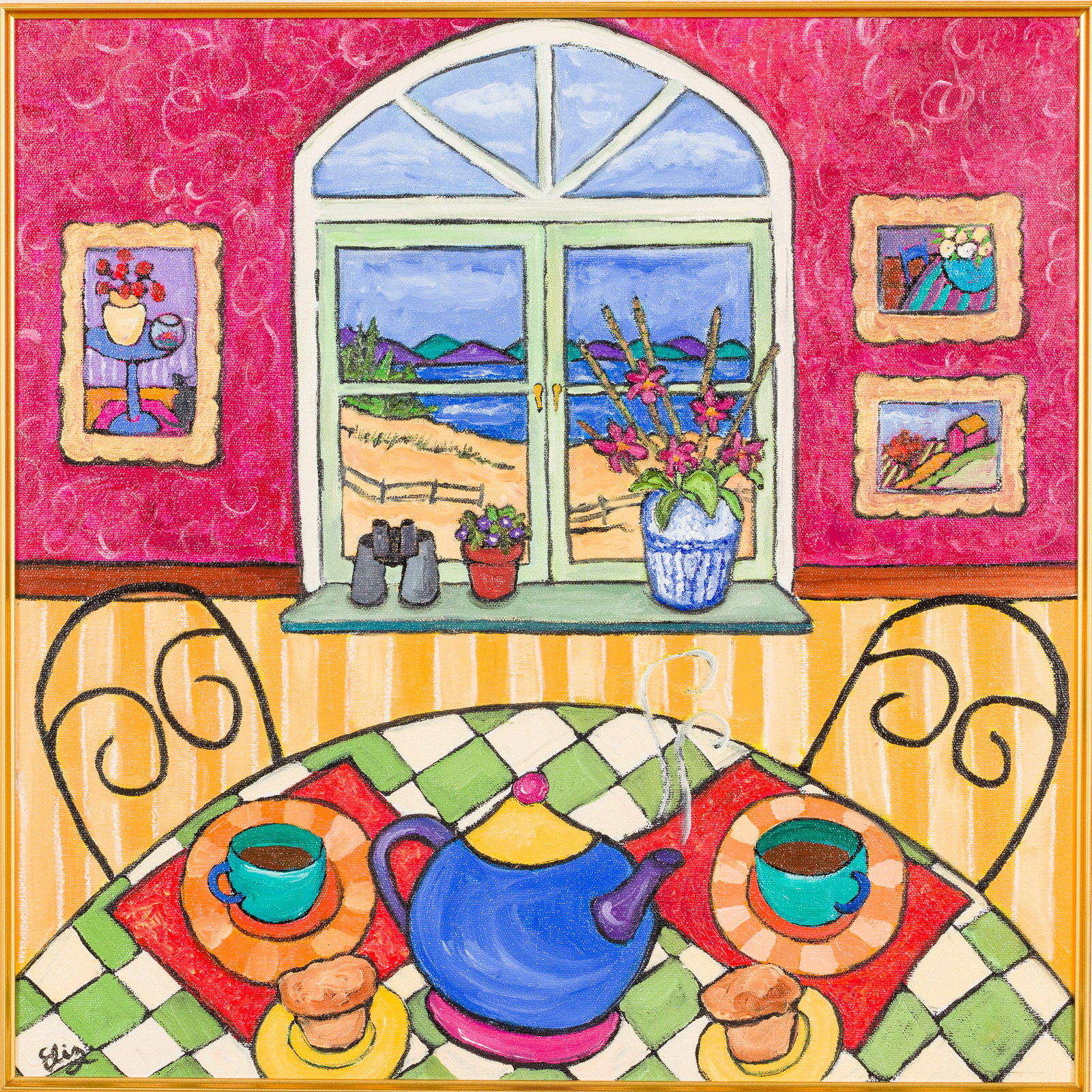 Elizabeth Jackson (CA, 21st C), Tea by the Sea, O/C: Property of a Hilton Head Island, SC Estate Description: Elizabeth Jackson (CA, 21st C), Tea by the Sea, Oil on Canvas, signed lower left, in a giltwood frame. Frame size: 26 1/4 in. x 28 1/4 in.
