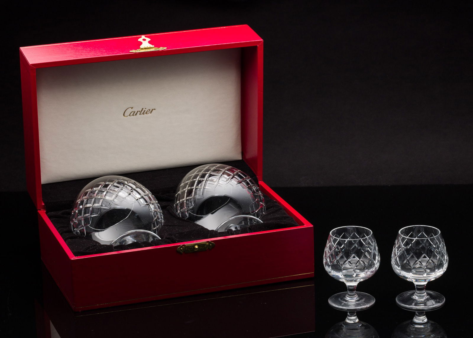 Pair of Brierley for Cartier Cut Glass Snifters & Pair Liqueurs: Property of a Private Collector, Savannah, GA Description: Pair of Brierley for Cartier Cut Glass Snifters and Pair of Liqueurs, a pair of cut glass snifters (5 1/2 in. x 4 in.) and a pair of cut