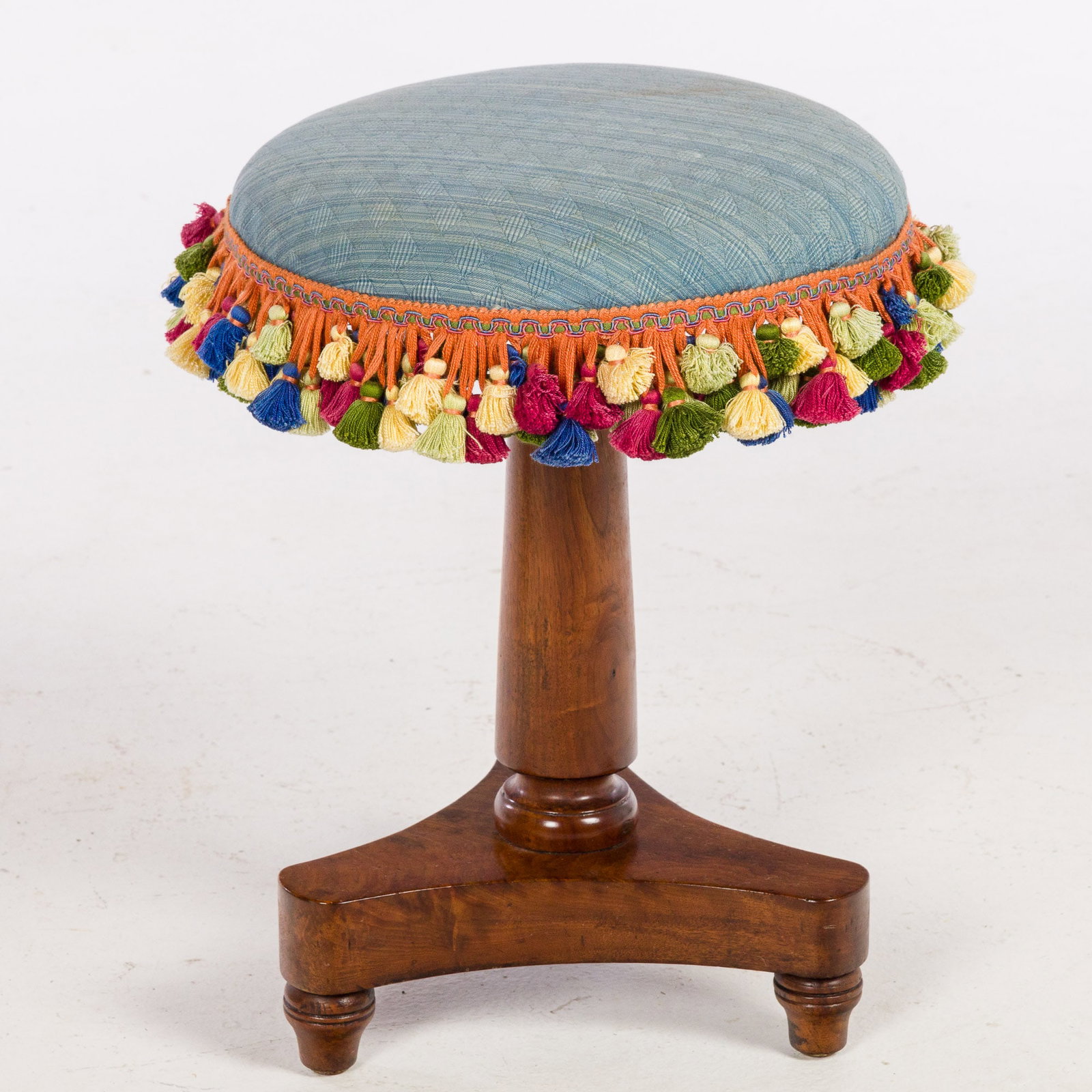 Regency Walnut Stool, First Quarter 19th Century: Property of a Sea Island, GA Estate Description: Regency Walnut Stool, First Quarter 19th Century, with circular eat on a circular flaring standard and tripartite plinth on top-form feet.
