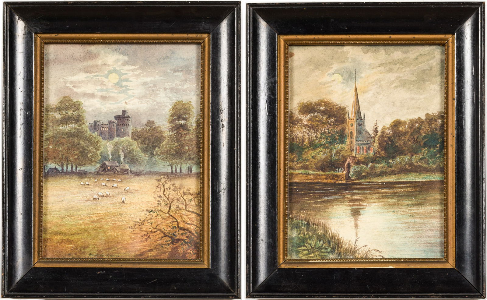 Manner of John White Abbott (English, 1763-1851) Two Watercolors: Description: Manner of John White Abbott (English, 1763-1851) Two Watercolors, each initial signed JA, one titled Windsor Castle and depicting the castle on a moonlit night with sheep, the other