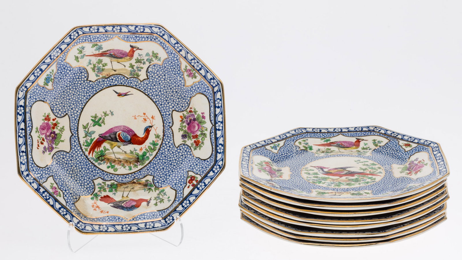 9 Booths Exotic Birds Mosaic Panel Painted Plates: Property of Gale Steves Description: 9 Booths Exotic Birds Mosaic Panel Painted Plates, comprising Nine Booths mosaic panel painted octagonal plates decorated with birds and flowers, marked 'Booth