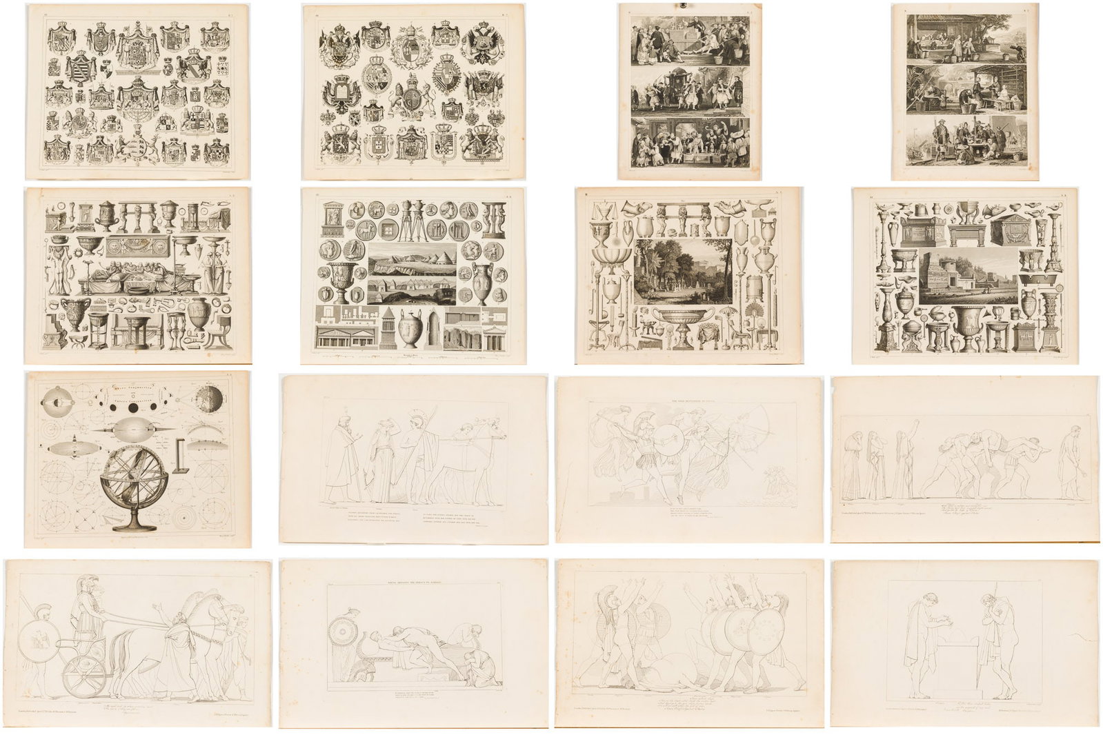 Group of 16 Neoclassical and European Prints: Description: Group of 16 Neoclassical and European Prints, comprising 16 miscellaneous prints of crests and shields, figural scenes, neoclassical inspirations and neoclassical figures from variou