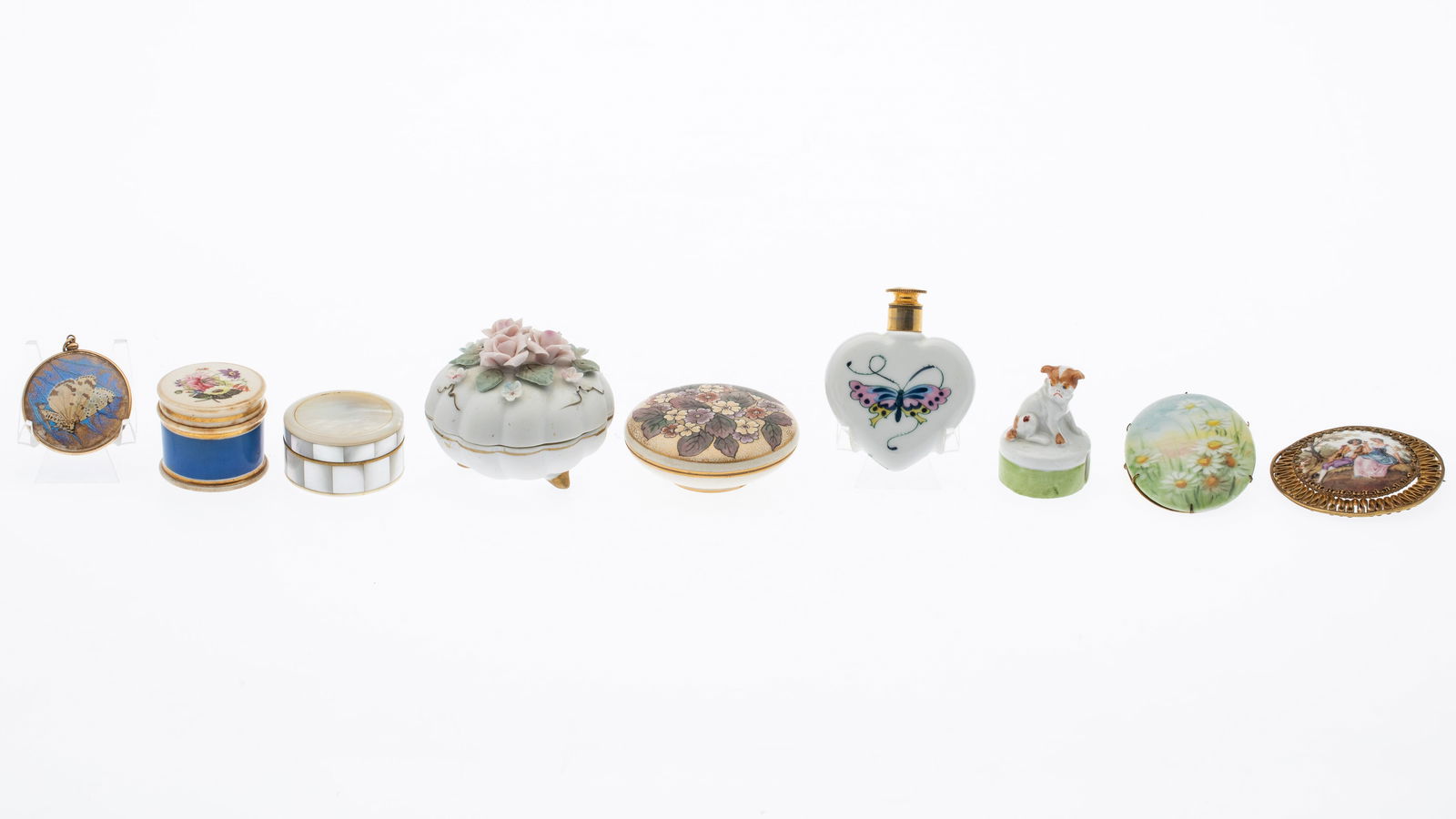 4 Boxes, Scent Bottle, 2 Porcelain Pins & a Dog (1 of 18)