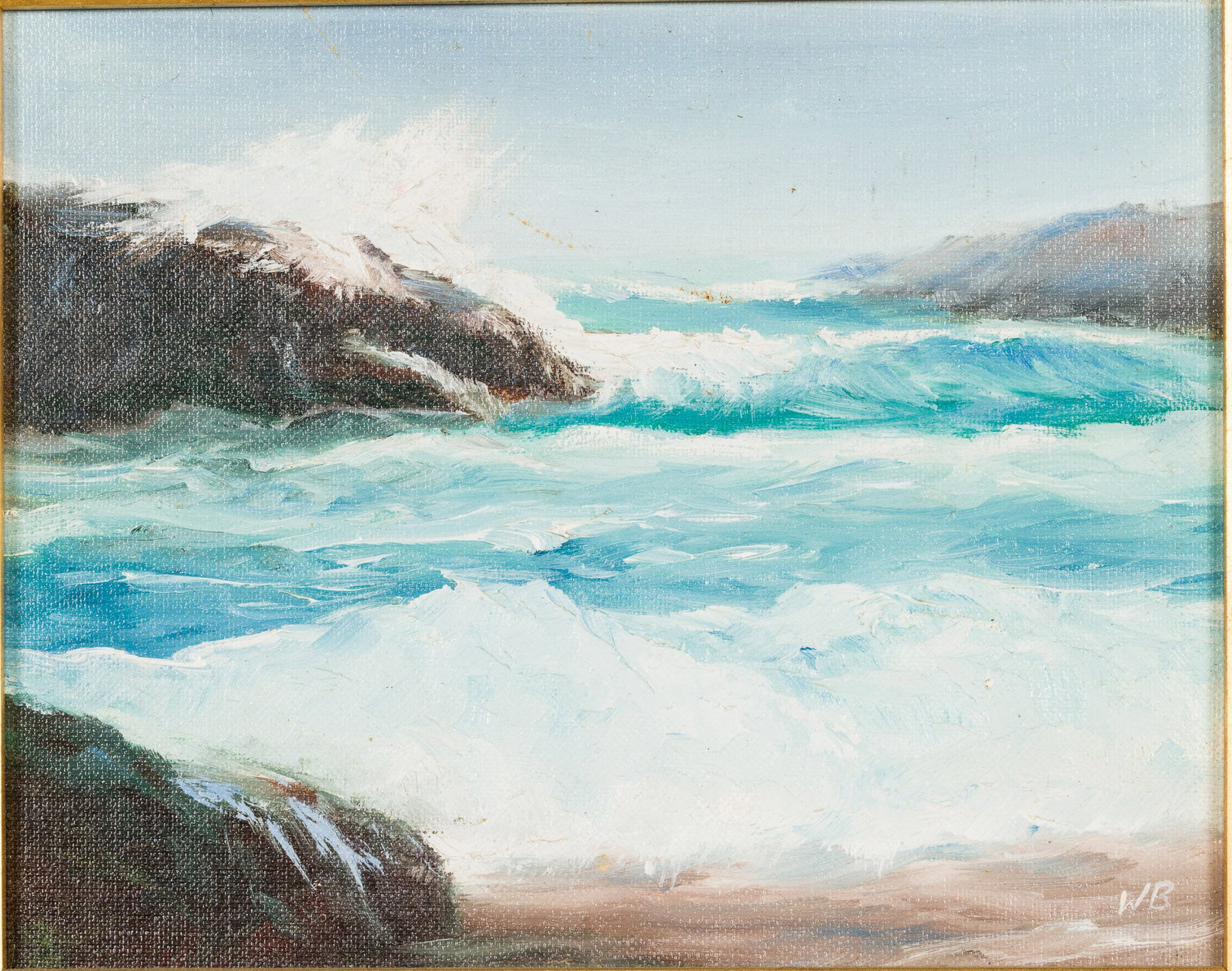 Signed WB, Seascape, Oil on Board: Property of a Dataw Island, SC Estate Description: Signed WB, Seascape, Oil on Board, initial signed lower right, in a giltwood frame. Frame size: 13 in. x15 in. Measurements: