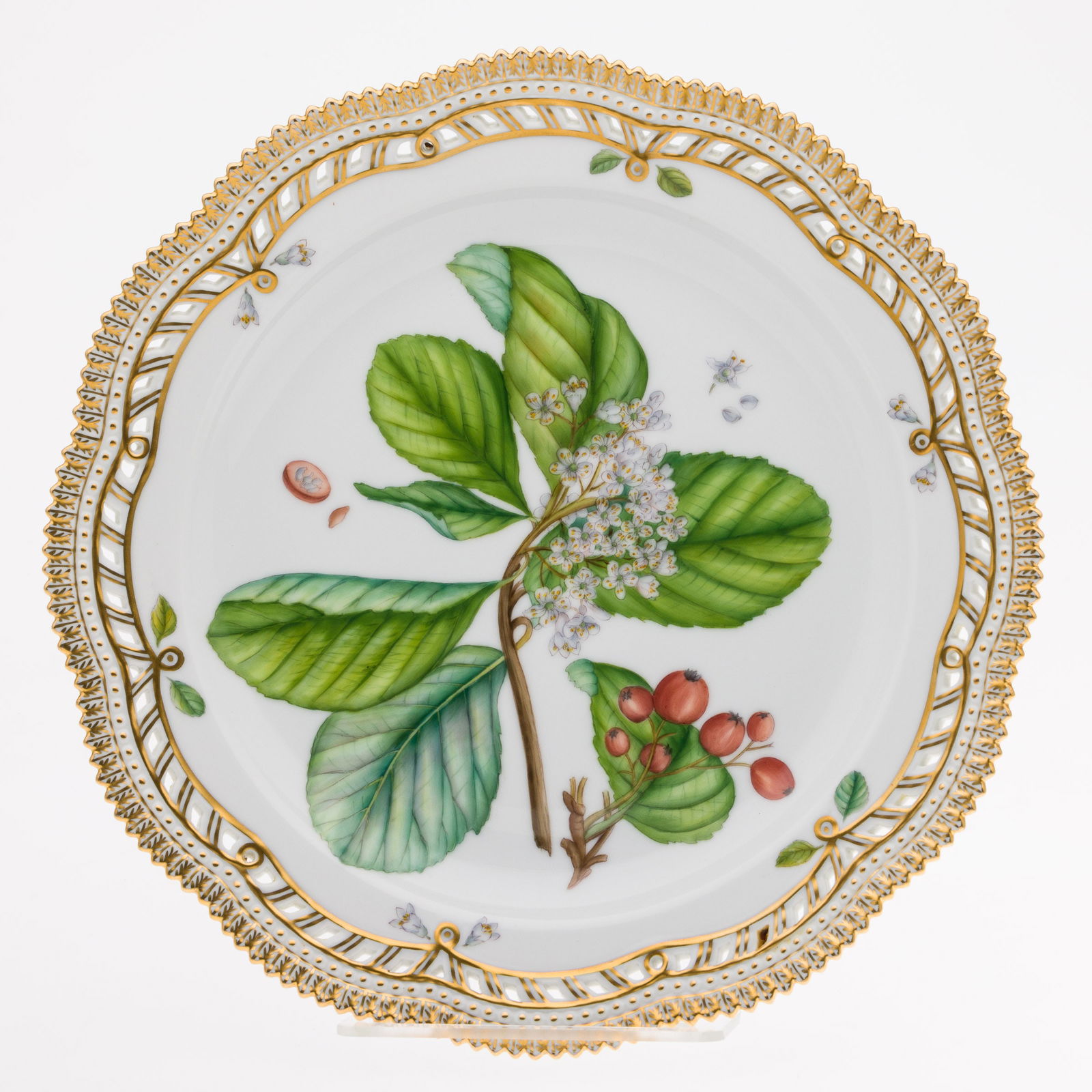 Royal Copenhagen Flora Danica Lorbus Aria L. Crantz Plate: Description: Royal Copenhagen Flora Danica Lorbus Aria L. Crantz Plate, reticulated Royal Copenhagen Flora Danica plate, inscribed 'Lorbus Aria L. Crantz' and with blue and green Royal Copenhagen
