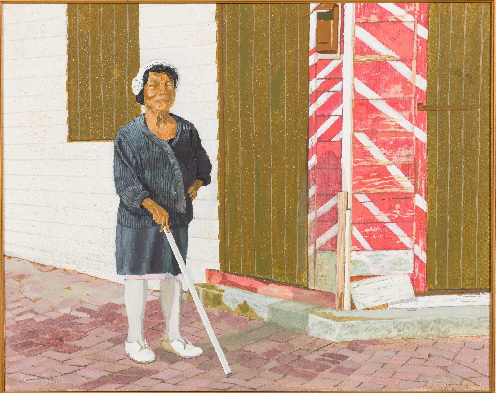 Preston Russell (Sav, 1941-2021), Blind Woman, O/C: Description: Preston Russell (Savannah, 1941-2021), Blind Woman, Oil on Canvas, signed lower left, depicting a blind woman with cane standing on a street corner, in a giltwood frame with linen ma