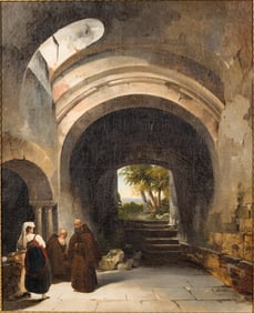Charles Renoux (French, 1795-1846), Life in Abby's Ruins, O/C
