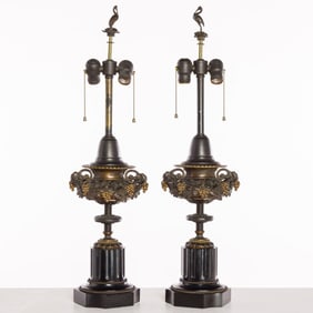 Pair of Bronze and Slate Urns, Mounted as Lamps
